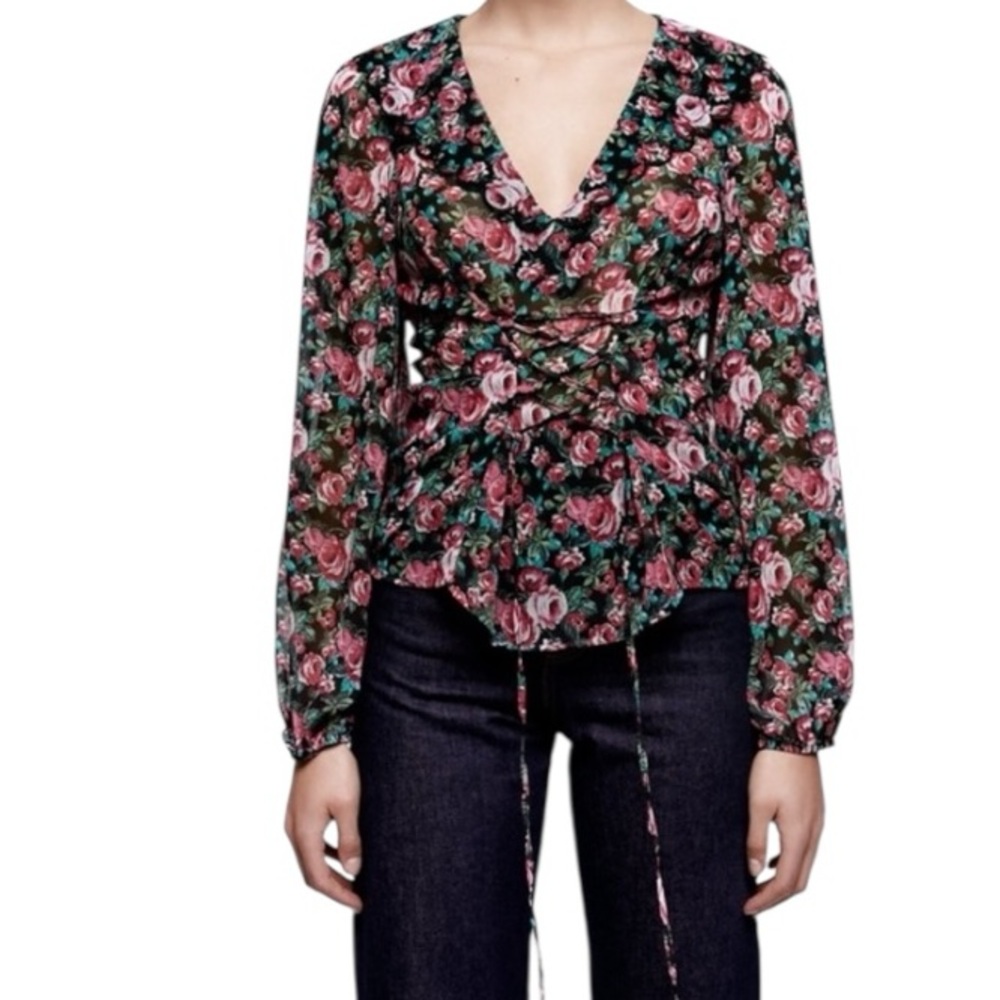 Zara Floral Sheer Corset Tie Ruched Blouse Long Sleeve Size S NWT Cottagecore - Picture 6 of 8